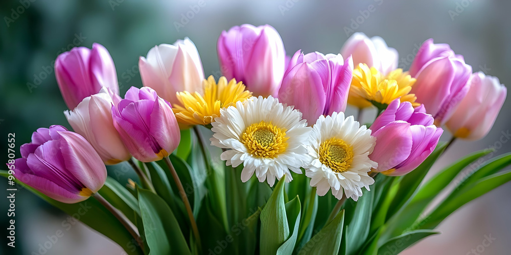 A Bouquet of Pink Tulips and White Daisies with Yellow Centers in a Blurred Background A Bouquet of Pink Tulips and White Daisies with Yellow Centers in a Blurred Background