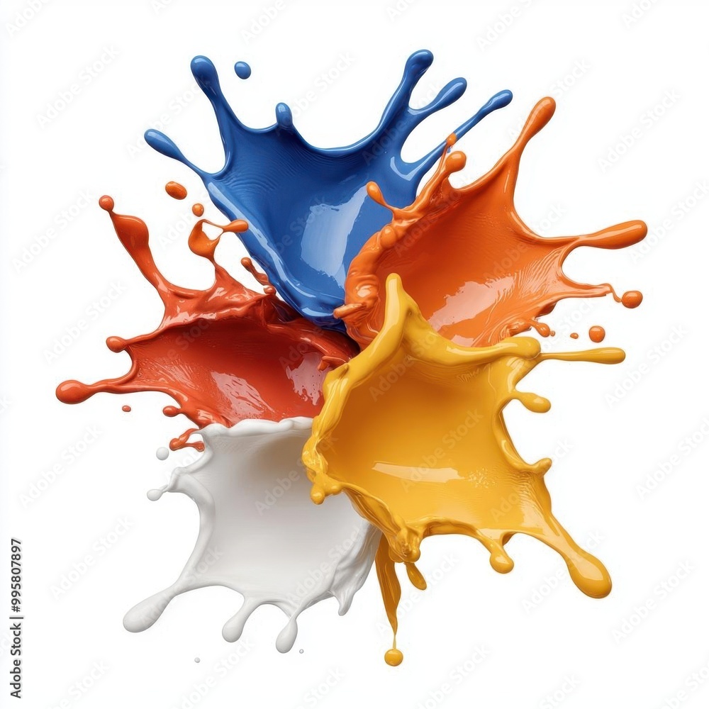 A photostock images of colorful paint splashes in dynamic shapes with clean white background, no shadows