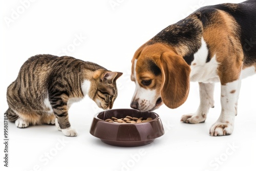 A playful cat and a friendly dog share a food bowl. This scene captures their unique bond and curiosity. Ideal for pet lovers and animal care themes. Generative AI photo