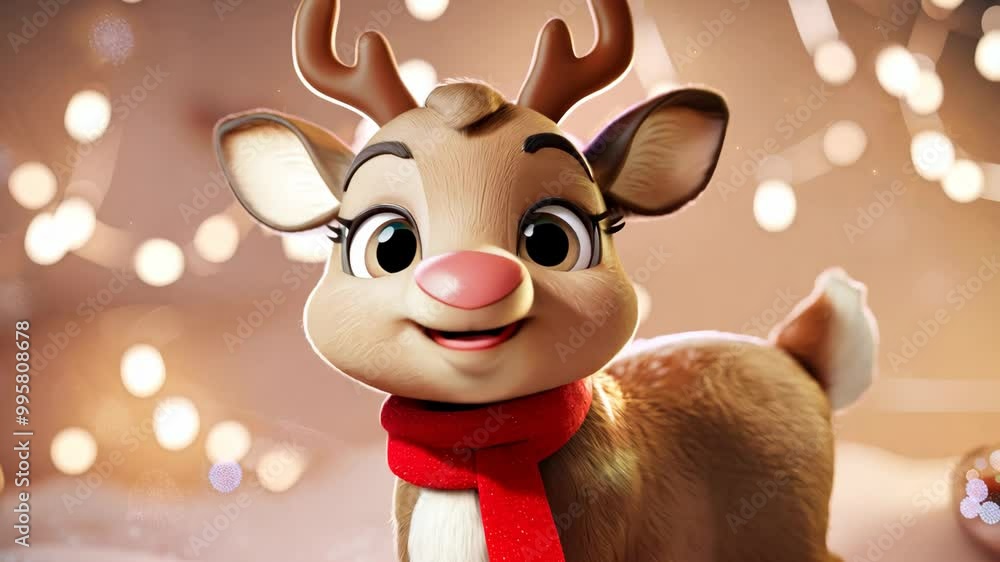 Sweet reindeer calf with red scarf smiling in snowy Christmas scene 3D animated closeup Sweet reindeer calf with red scarf smiling in snowy Christmas scene 3D animated closeup