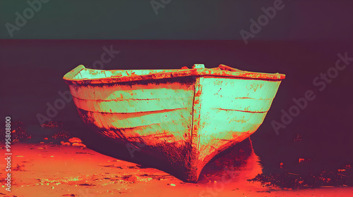 A weathered wooden boat rests on a red sandy shore with turquoise water in the background, a dramatic color filtered image. photo