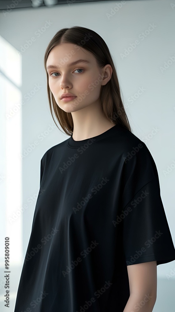 Fototapeta premium Anonymous Model in Black T-Shirt Showcasing Modern Minimalist Fashion and Privacy Concept.