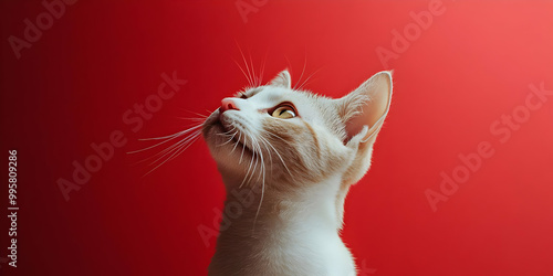 A White and Orange Cat Gazes Upward Against a Vibrant Red Background, Its Whiskers and Ears Perpendicular to the Surface