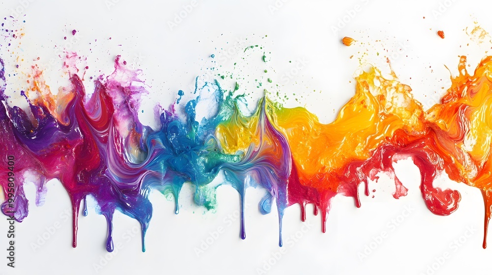 Fototapeta premium Rainbows of paint splashing on a white background, vibrant colors dripping and blending together