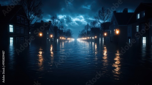 A tranquil flood scene at dusk, featuring illuminated houses and reflections in water under a moody sky.