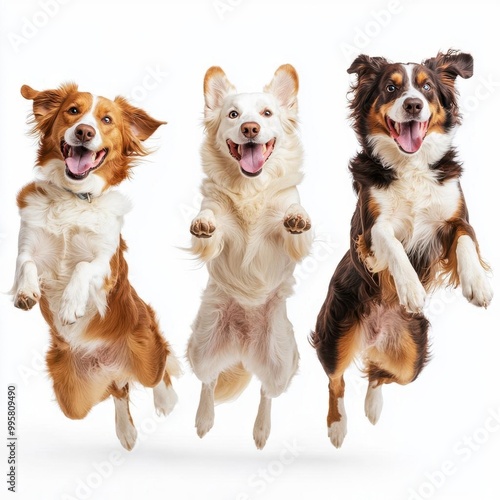 A photostock images of dogs jumping in different poses with clean white background, no shadows