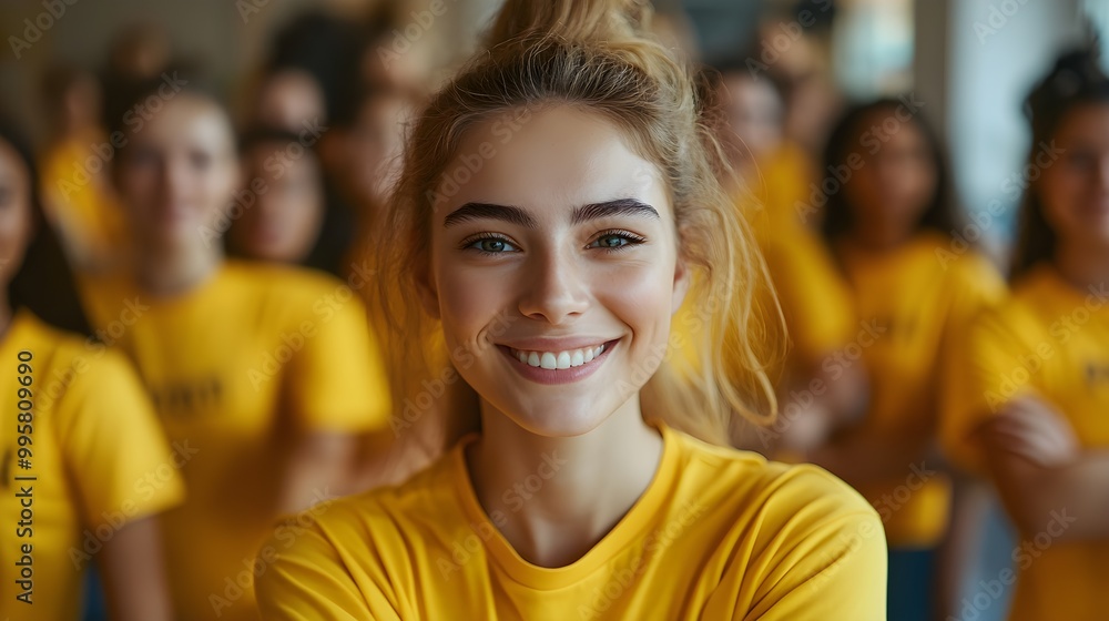 Obraz premium Yellow-shirted volunteers working together in harmony, embodying the spirit of community and positivity, selective focus, volunteer theme, dynamic, Multilayer, Community center backdrop