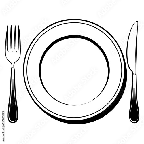 Black and White Plate with Fork and Knife Illustration on White Background
