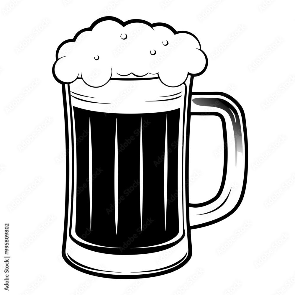 Black and white illustration of a beer mug with foam Black and white illustration of a beer mug with foam
