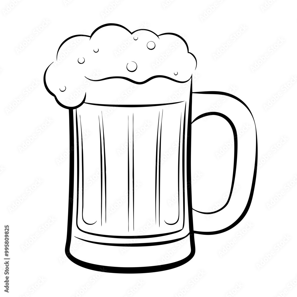 Black and white illustration of a beer mug with foam Black and white illustration of a beer mug with foam