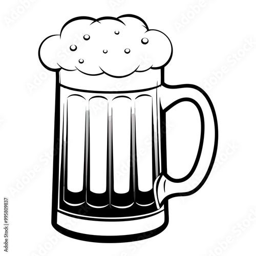 Black and white illustration of a beer mug with foam