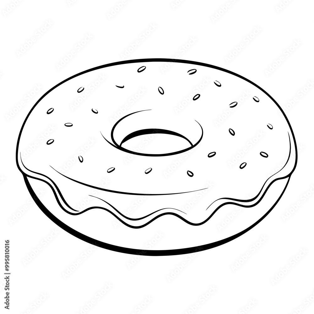 Black and white illustration of a glazed donut Black and white illustration of a glazed donut