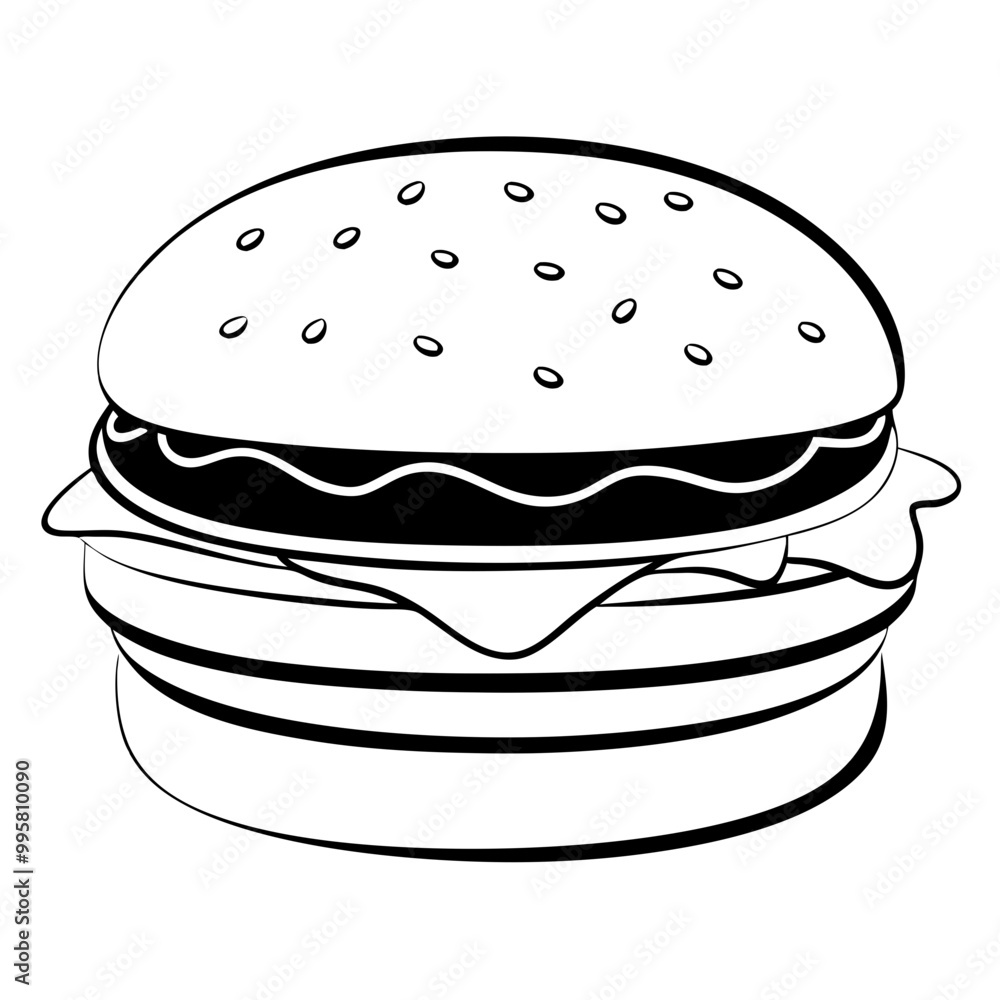 Black and white illustration of a hamburger Black and white illustration of a hamburger