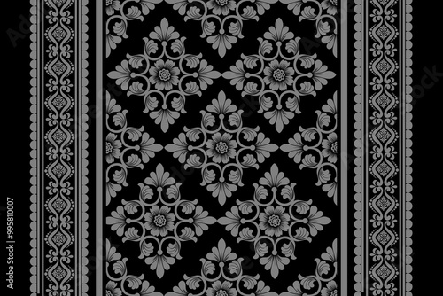 vintage damask pattern in black and white. Ornate floral design with intricate details. Perfect for wallpaper, fabric, or packaging design.