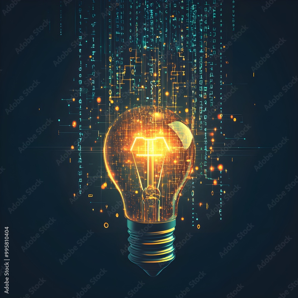 A light bulb integrated with digital circuit lines and binary digits, floating on a minimalist flat background, symbolizing ideas in the digital age A light bulb integrated with digital circuit lines and binary digits, floating on a minimalist flat background, symbolizing ideas in the digital age
