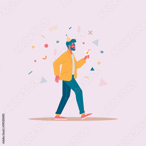 Cartoon flat character, man in a birthday cap, holding a cocktail with straw, confetti. vector design