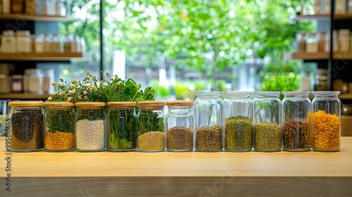 Fototapeta Naklejka Na Ścianę i Meble -  A row of glass jars filled with different types of herbs and spices