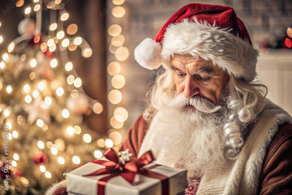 The atmosphere of a New Year's fairy tale and magic. Santa Claus with a gift in his hands in the house. Magic lights and a beautiful bokeh flicker around him. The atmosphere of a New Year's fairy tale and magic. Santa Claus with a gift in his hands in the house. Magic lights and a beautiful bokeh flicker around him.