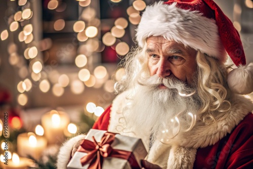 The atmosphere of a New Year's fairy tale and magic. Santa Claus with a gift in his hands in the house. Magic lights and a beautiful bokeh flicker around him.