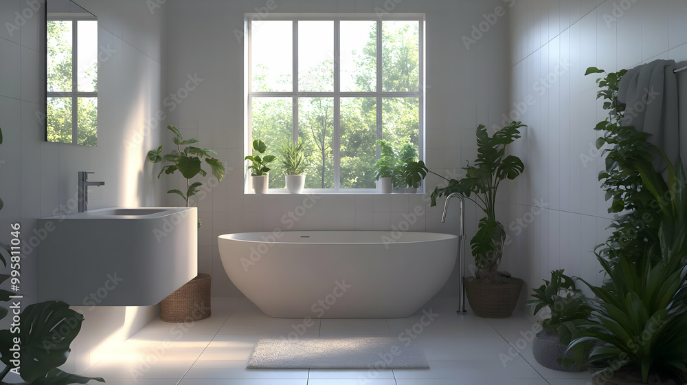Fototapeta premium Modern Bathroom Interior Design with White Tiles, a Freestanding Tub, and Lush Greenery