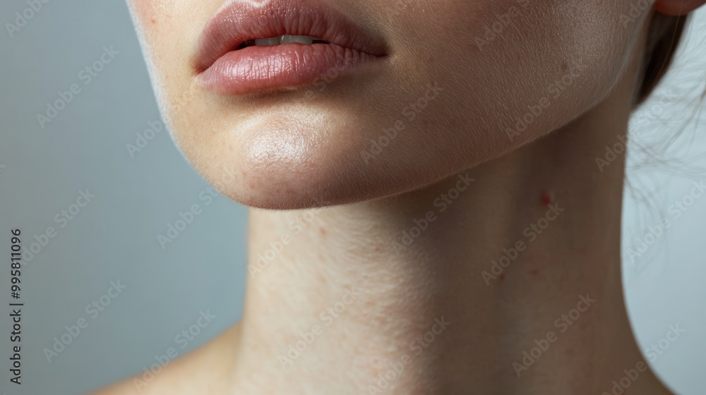 Obraz premium Close-up of a young Caucasian woman's mouth and neck, showcasing smooth skin and natural beauty.