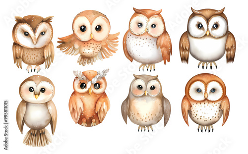 Wallpaper Mural Cute painted watercolor owls on transparent background. A set of brown birds for use in children's books and articles Torontodigital.ca