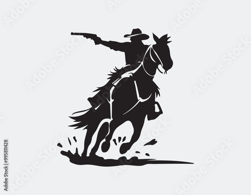A dynamic black silhouette vector illustration of a cowboy shooting while riding a horse 1