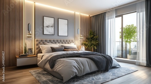 A modern bedroom featuring a cozy bed with neutral bedding, warm wood accents, and large windows for a bright atmosphere.