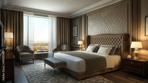 Wallpaper Mural Luxurious hotel bedroom with modern decor and stylish furnishings, featuring a king-size bed and warm lighting. Torontodigital.ca