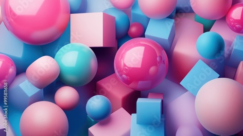 A vibrant arrangement of pink and blue geometric shapes and spheres creating a playful and colorful abstract design.