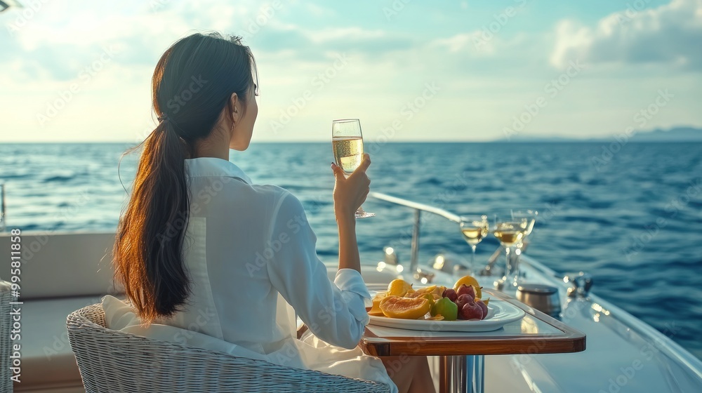 Obraz premium A young Asian woman enjoying sparkling wine and a fruit platter on a yacht, overlooking a serene ocean at sunset.