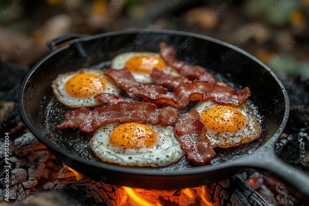 camping breakfast scene featuring crispy bacon and fluffy eggs sizzling in a cast iron skillet over a campfire surrounded by lush forest capturing the essence of outdoor cooking and rustic charm camping breakfast scene featuring crispy bacon and fluffy eggs sizzling in a cast iron skillet over a campfire surrounded by lush forest capturing the essence of outdoor cooking and rustic charm