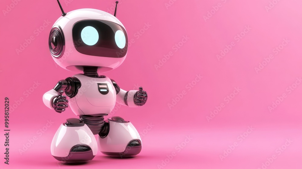 A cute, small white robot with glowing blue eyes poses against a pink background, exuding charm and friendliness. A cute, small white robot with glowing blue eyes poses against a pink background, exuding charm and friendliness.