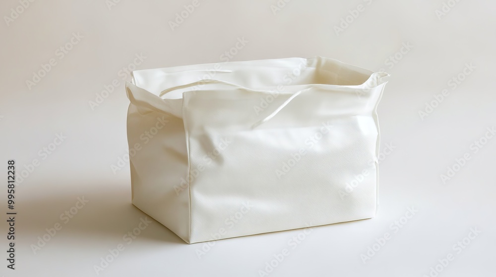 A white bag sitting on top of a white table A white bag sitting on top of a white table