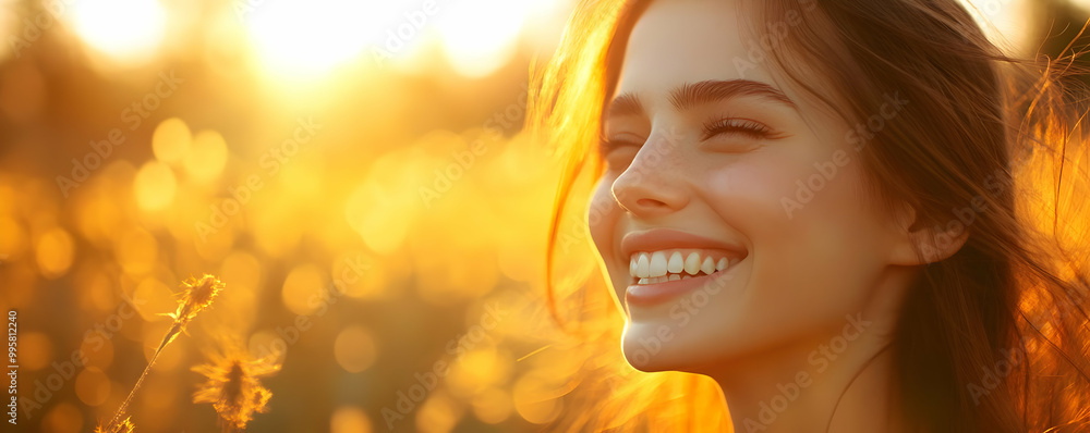A Close Up of a Woman with Long Brown Hair Smiling in the Golden Light of the Setting Sun A Close Up of a Woman with Long Brown Hair Smiling in the Golden Light of the Setting Sun