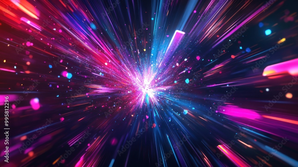 Vibrant burst of colorful light particles radiating from a central point, creating a dynamic cosmic effect. Vibrant burst of colorful light particles radiating from a central point, creating a dynamic cosmic effect.