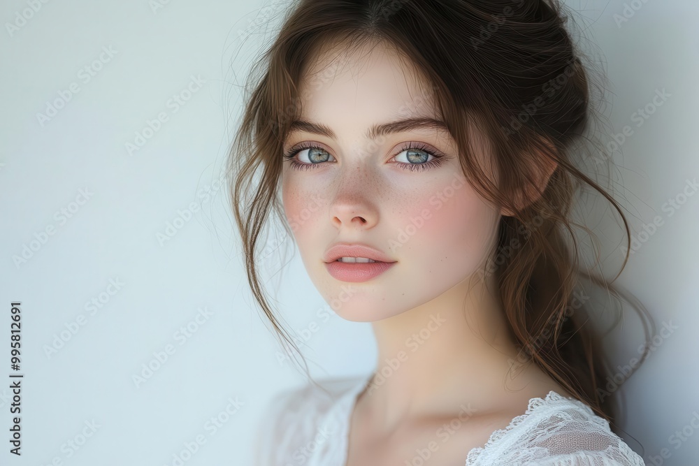 captivating portrait of young woman with ethereal beauty against pure white background soft lighting accentuates delicate features and creates a dreamy timeless aesthetic captivating portrait of young woman with ethereal beauty against pure white background soft lighting accentuates delicate features and creates a dreamy timeless aesthetic