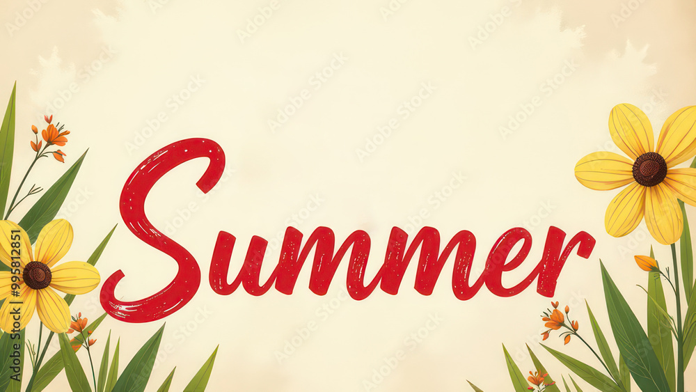 Obraz premium Big red handwriting thin letters “summer” over light flowers background