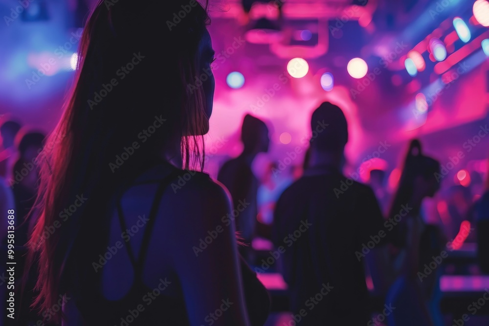Vibrant Party Atmosphere with Colorful Lights and Blurred Crowd in Nightclub Vibrant Party Atmosphere with Colorful Lights and Blurred Crowd in Nightclub