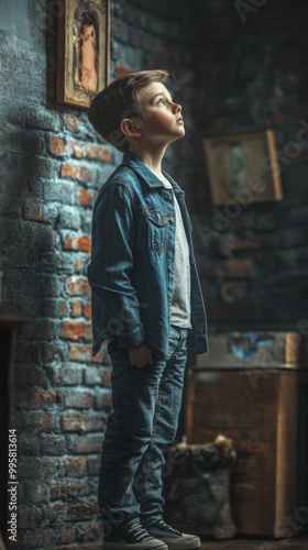 Boy Looking Up in a Brick Room