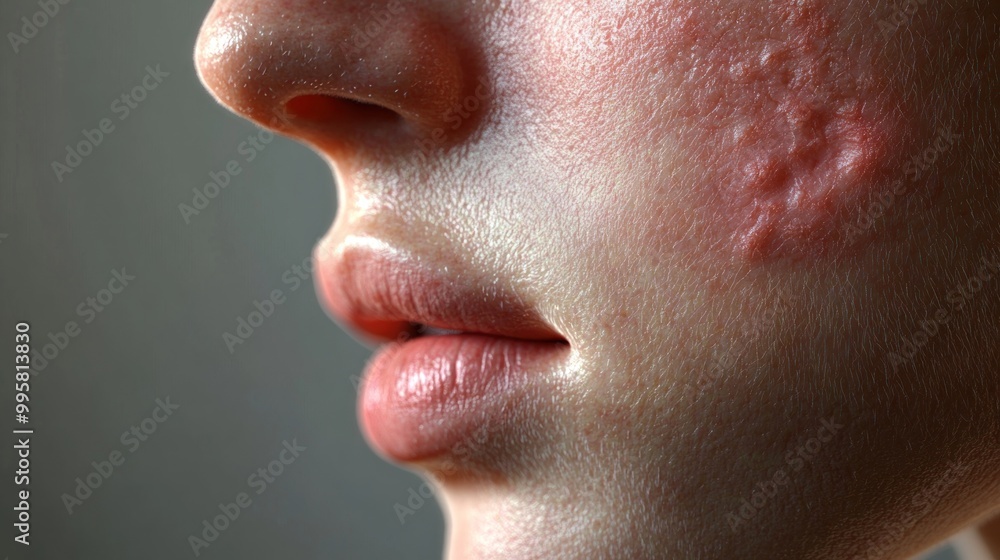Close-up of a young person's skin highlighting acne scars and natural features. Close-up of a young person's skin highlighting acne scars and natural features.