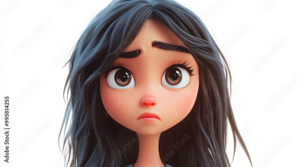 A young female cartoon character with expressive large eyes and messy black hair, conveying a sense of vulnerability and emotion. A young female cartoon character with expressive large eyes and messy black hair, conveying a sense of vulnerability and emotion.