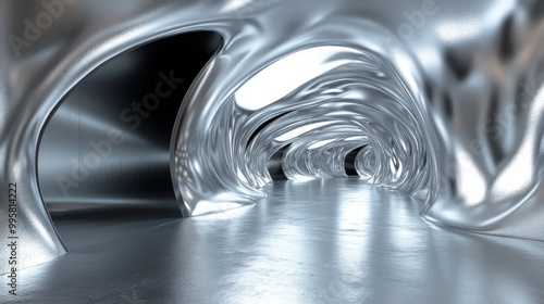 Futuristic silver corridor with flowing, organic shapes creating a sleek, modern ambiance.