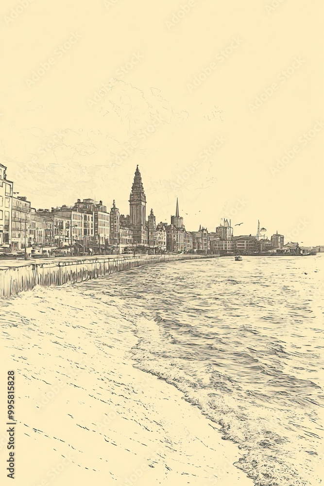 Fototapeta premium Portsmouth, Dominica, color pen pencil hand-drawn effect drawing illustration for travel poster, card, wallpaper, backdrop or banner. Modern, clear, artistic and simple