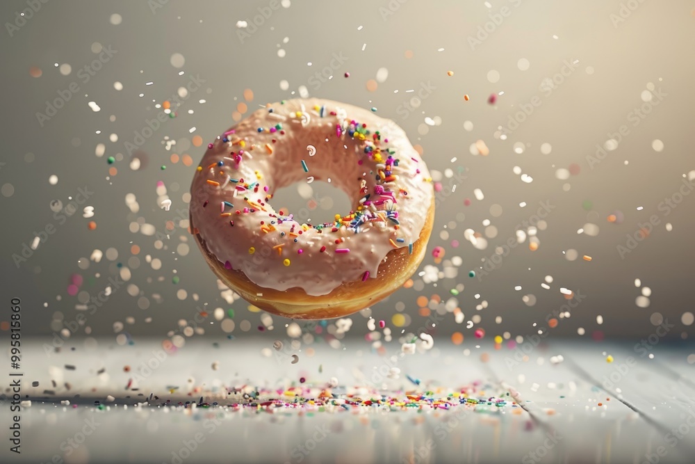 Floating Donut with Pink Icing and Sprinkles Against a Color Background Floating Donut with Pink Icing and Sprinkles Against a Color Background