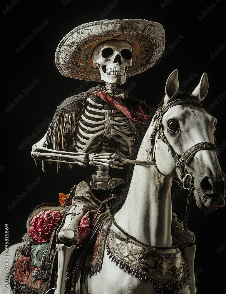 Obraz premium A skeleton wearing an old Mexican hat rides on the back of a white horse against a gray studio background.Minimal creative Halloween holiday concept.Copy space.