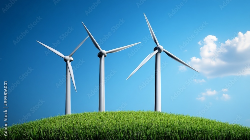 Wind Power: A sustainable future: Three powerful wind turbines stand tall against a bright blue sky, their blades turning gracefully in the breeze, symbolizing clean energy and environmental progress. Wind Power: A sustainable future: Three powerful wind turbines stand tall against a bright blue sky, their blades turning gracefully in the breeze, symbolizing clean energy and environmental progress.