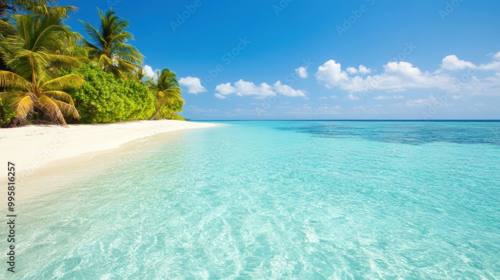 Fototapeta premium A pristine tropical beach features soft white sand and crystal-clear turquoise water under a sunny blue sky, perfect for a getaway