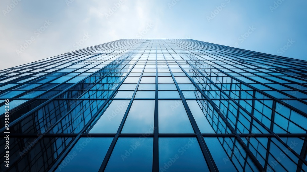 A Low-Angle View of a Glass Skyscraper with Blue Reflections A Low-Angle View of a Glass Skyscraper with Blue Reflections