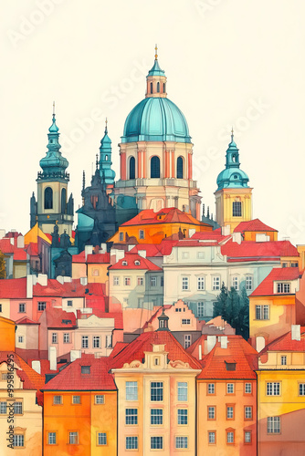 Prague, Czech, color pen pencil hand-drawn effect drawing illustration for travel poster, card, wallpaper, backdrop or banner. Modern, clear, artistic and simple